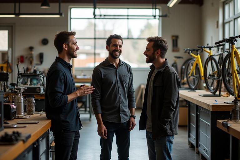 The Magma Motors founding team inside their workshop in Portland, surrounded by various electric bicycle prototypes and tools.